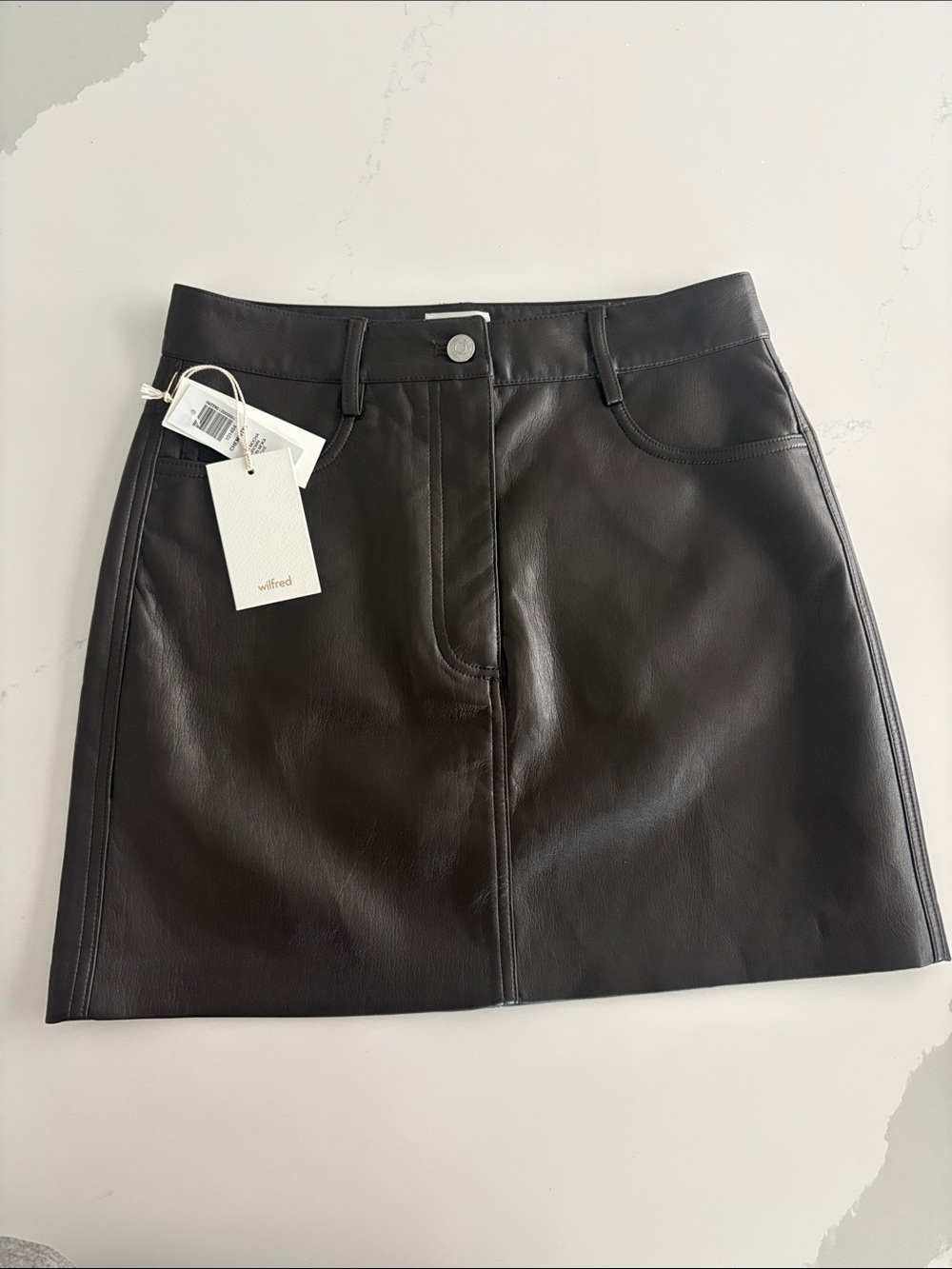 NWT Artizia Wilfred Chemistry Dark Brown Faux Leather Mini Skirt
